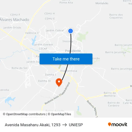 Avenida Masaharu Akaki, 1293 to UNIESP map