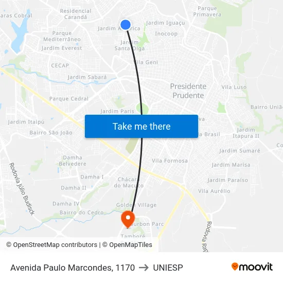 Avenida Paulo Marcondes, 1170 to UNIESP map