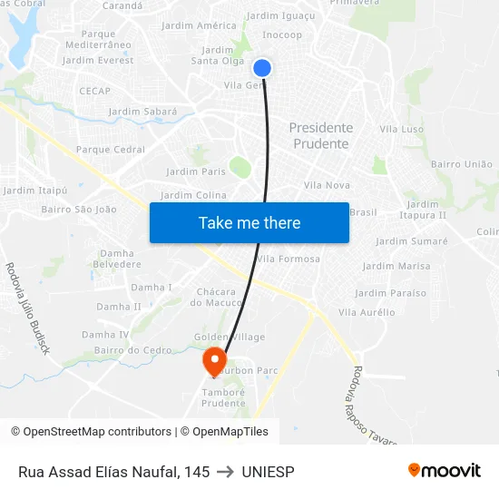 Rua Assad Elías Naufal, 145 to UNIESP map
