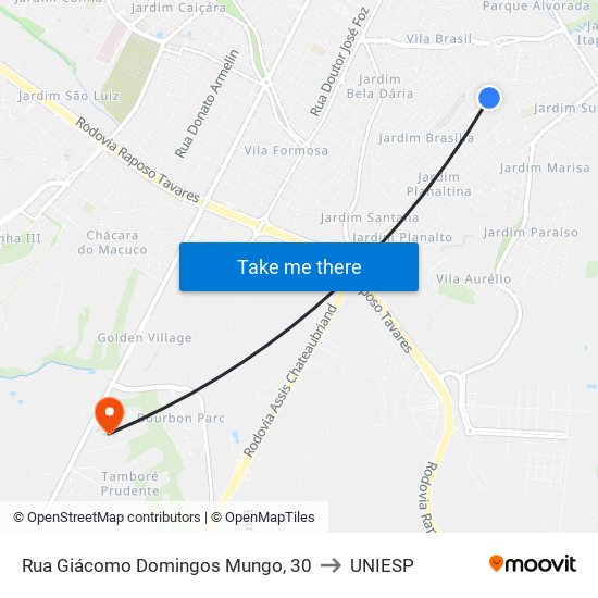 Rua Giácomo Domingos Mungo, 30 to UNIESP map