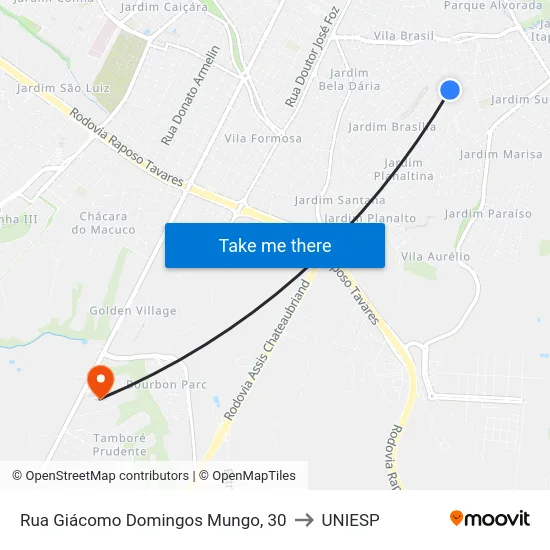 Rua Giácomo Domingos Mungo, 30 to UNIESP map