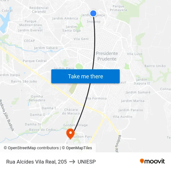 Rua Alcídes Vila Real, 205 to UNIESP map