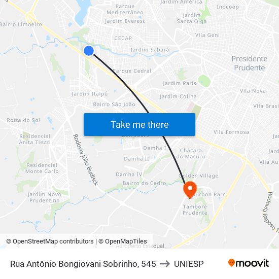 Rua Antônio Bongiovani Sobrinho, 545 to UNIESP map