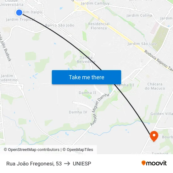Rua João Fregonesi, 53 to UNIESP map