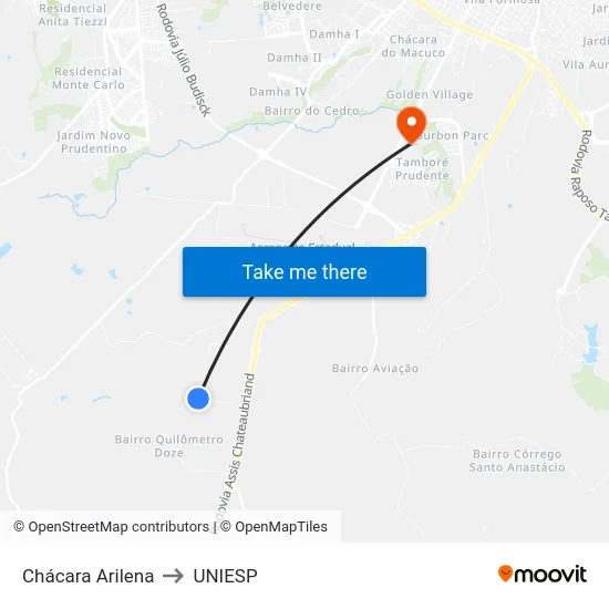 Chácara Arilena to UNIESP map
