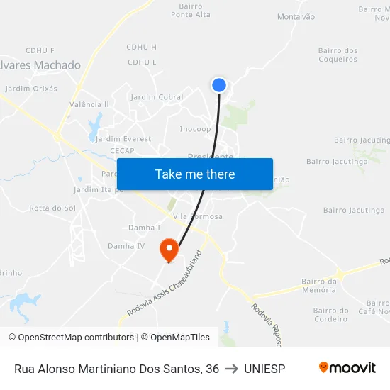 Rua Alonso Martiniano Dos Santos, 36 to UNIESP map