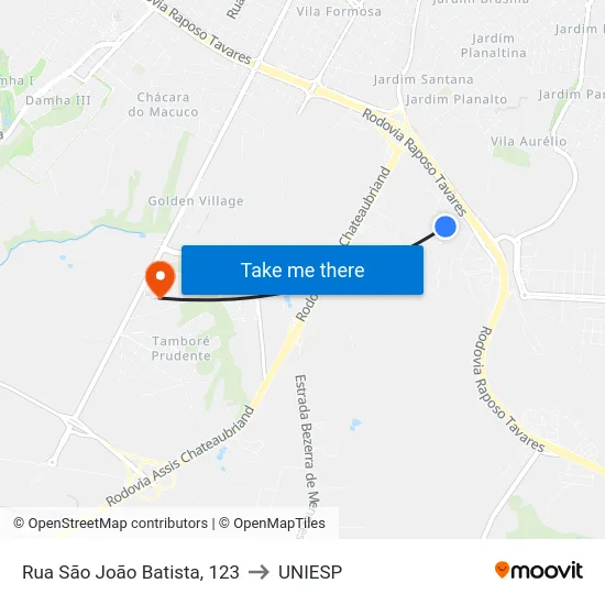 Rua São João Batista, 123 to UNIESP map