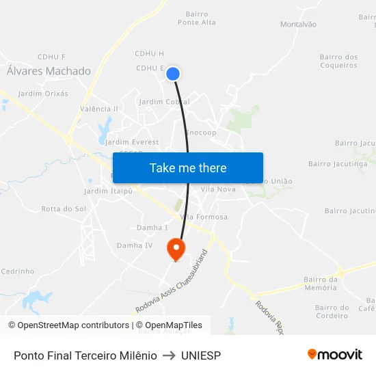 Ponto Final Terceiro Milênio to UNIESP map