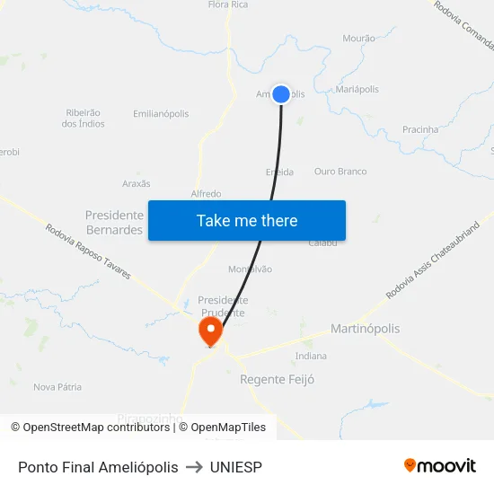Ponto Final Ameliópolis to UNIESP map