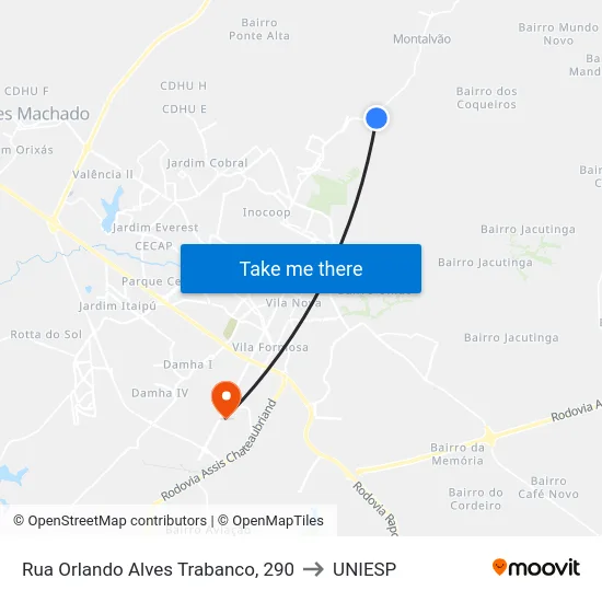 Rua Orlando Alves Trabanco, 290 to UNIESP map