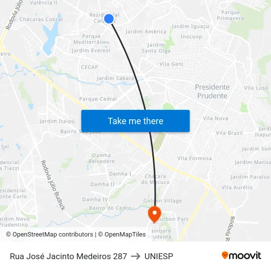 Rua José Jacinto Medeiros 287 to UNIESP map