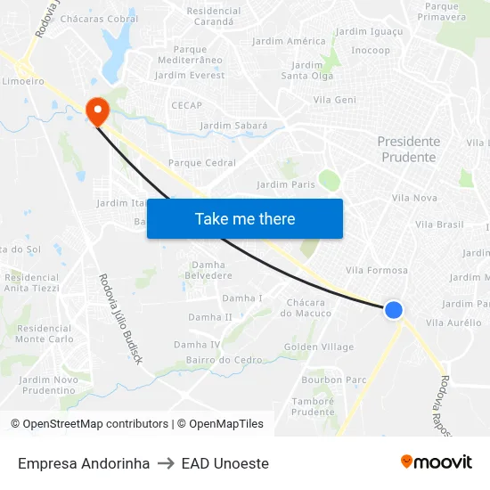 Empresa Andorinha to EAD Unoeste map