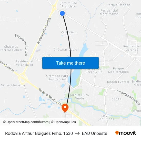 Rodovia Arthur Boigues Filho, 1530 to EAD Unoeste map