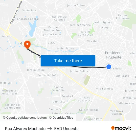 Rua Álvares Machado to EAD Unoeste map