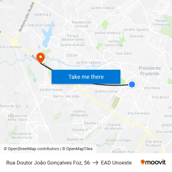 Rua Doutor João Gonçalves Foz, 56 to EAD Unoeste map