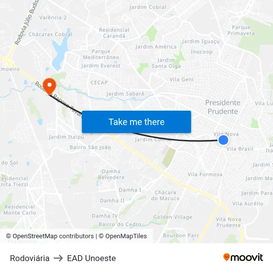 Rodoviária to EAD Unoeste map