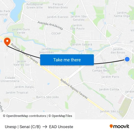 Unesp | Senai (C/B) to EAD Unoeste map