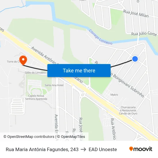Rua Maria Antônia Fagundes, 243 to EAD Unoeste map