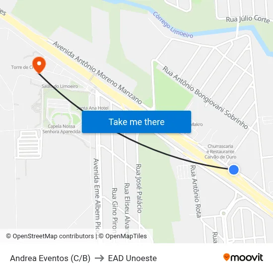 Andrea Eventos (C/B) to EAD Unoeste map