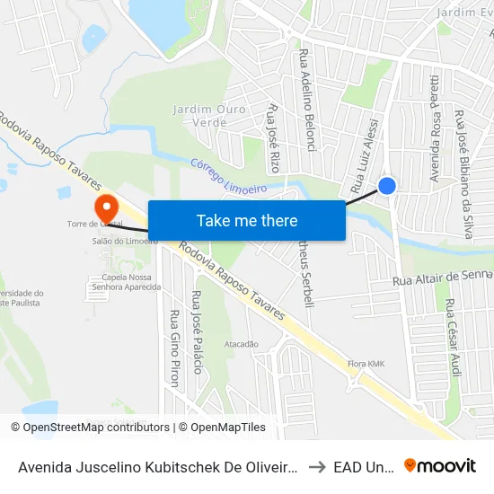 Avenida Juscelino Kubitschek De Oliveira Presidente, 1051 to EAD Unoeste map