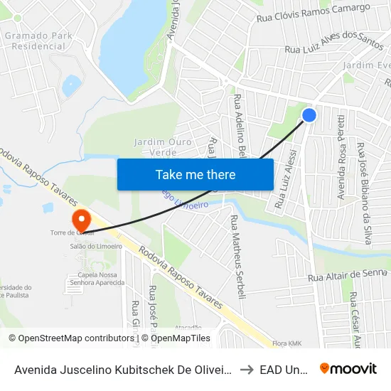 Avenida Juscelino Kubitschek De Oliveira, 5178-5242 to EAD Unoeste map
