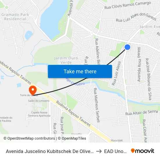 Avenida Juscelino Kubitschek De Oliveira, 5175 to EAD Unoeste map