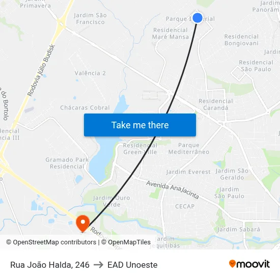 Rua João Halda, 246 to EAD Unoeste map