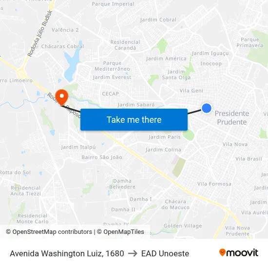 Avenida Washington Luiz, 1680 to EAD Unoeste map