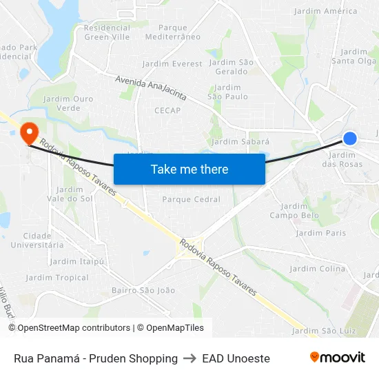 Rua Panamá - Pruden Shopping to EAD Unoeste map