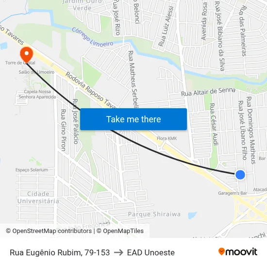 Rua Eugênio Rubim, 79-153 to EAD Unoeste map