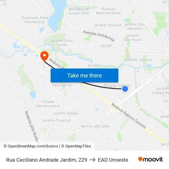 Rua Ceciliano Andrade Jardim, 229 to EAD Unoeste map