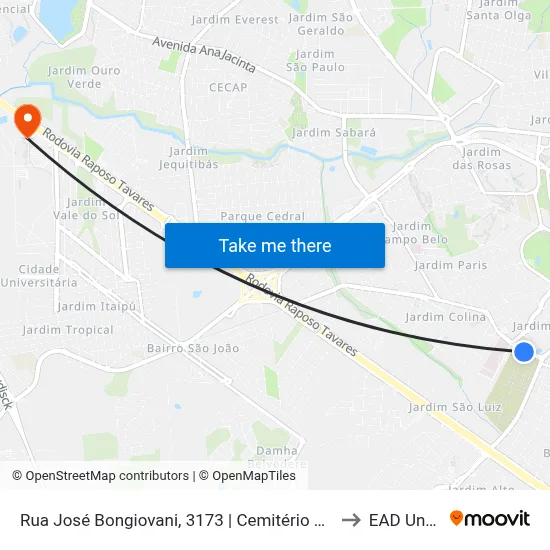 Rua José Bongiovani, 3173 | Cemitério São João Batista to EAD Unoeste map