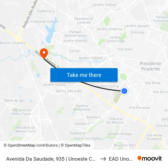 Avenida Da Saudade, 935 | Unoeste Campus 1 to EAD Unoeste map