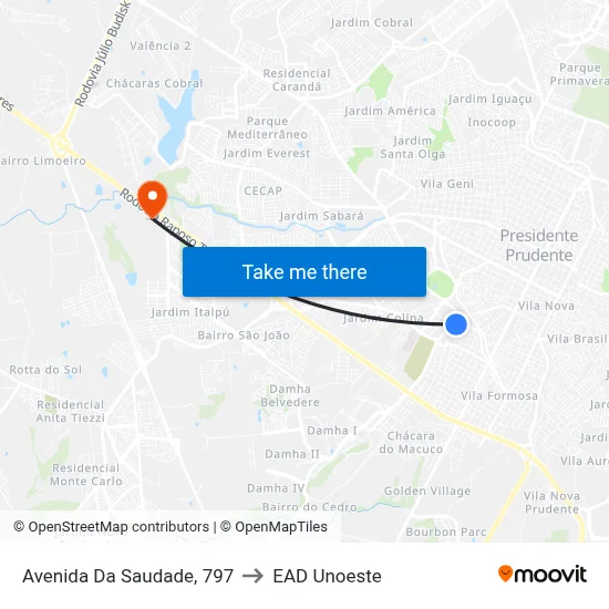 Avenida Da Saudade, 797 to EAD Unoeste map
