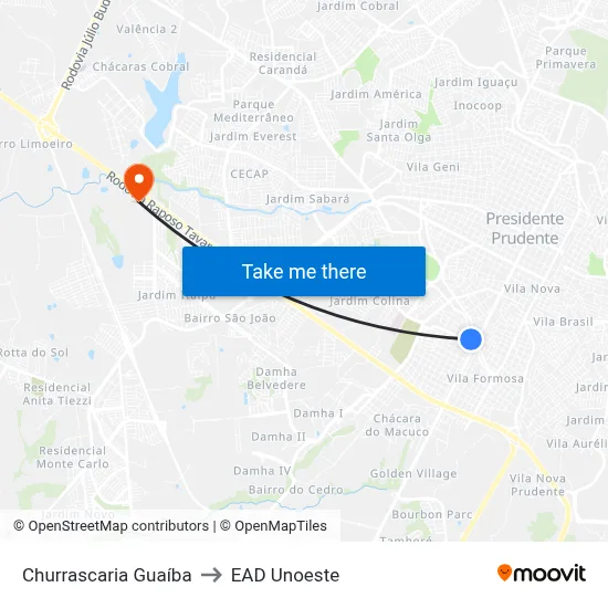 Churrascaria Guaíba to EAD Unoeste map