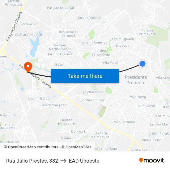 Rua Júlio Prestes, 382 to EAD Unoeste map