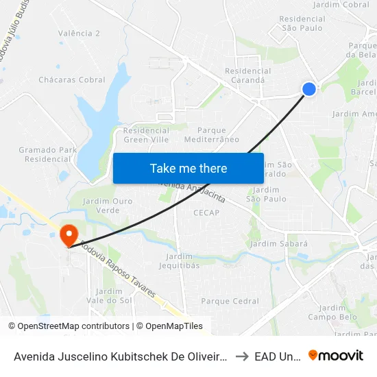 Avenida Juscelino Kubitschek De Oliveira Presidente, 4045 to EAD Unoeste map