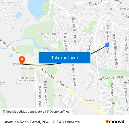Avenida Rosa Pereti, 204 to EAD Unoeste map