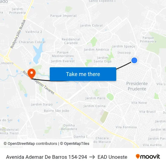 Avenida Ademar De Barros 154-294 to EAD Unoeste map