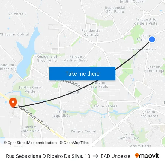 Rua Sebastiana D Ribeiro Da Silva, 10 to EAD Unoeste map