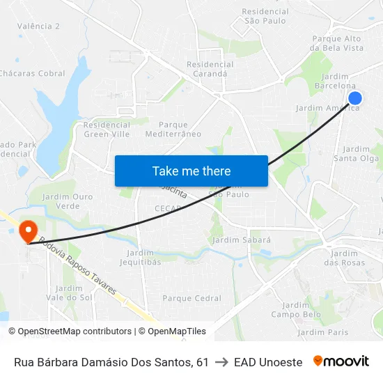 Rua Bárbara Damásio Dos Santos, 61 to EAD Unoeste map
