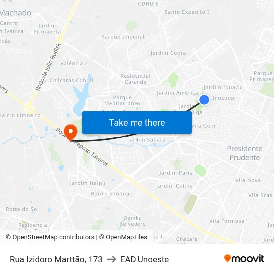 Rua Izidoro Marttão, 173 to EAD Unoeste map