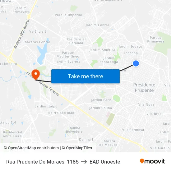 Rua Prudente De Moraes, 1185 to EAD Unoeste map