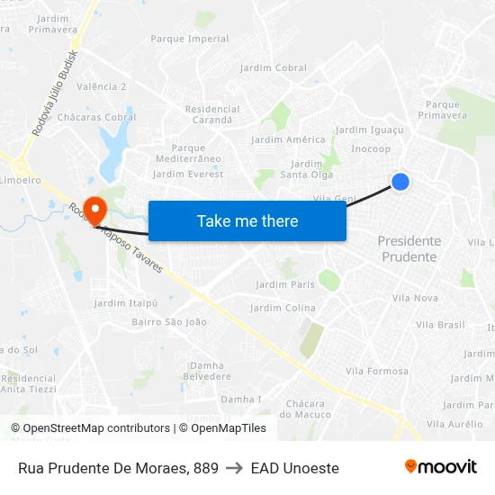 Rua Prudente De Moraes, 889 to EAD Unoeste map