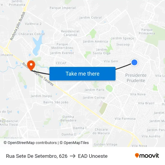Rua Sete De Setembro, 626 to EAD Unoeste map