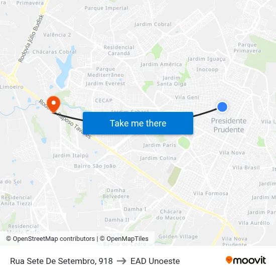 Rua Sete De Setembro, 918 to EAD Unoeste map