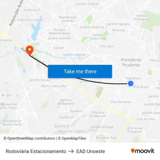 Rodoviária Estacionamento to EAD Unoeste map