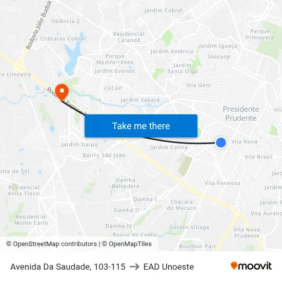 Avenida Da Saudade, 103-115 to EAD Unoeste map