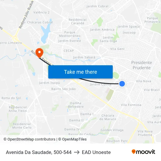 Avenida Da Saudade, 500-544 to EAD Unoeste map