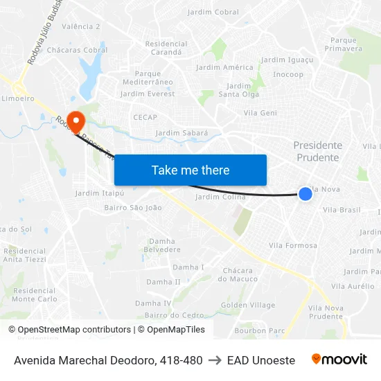 Avenida Marechal Deodoro, 418-480 to EAD Unoeste map
